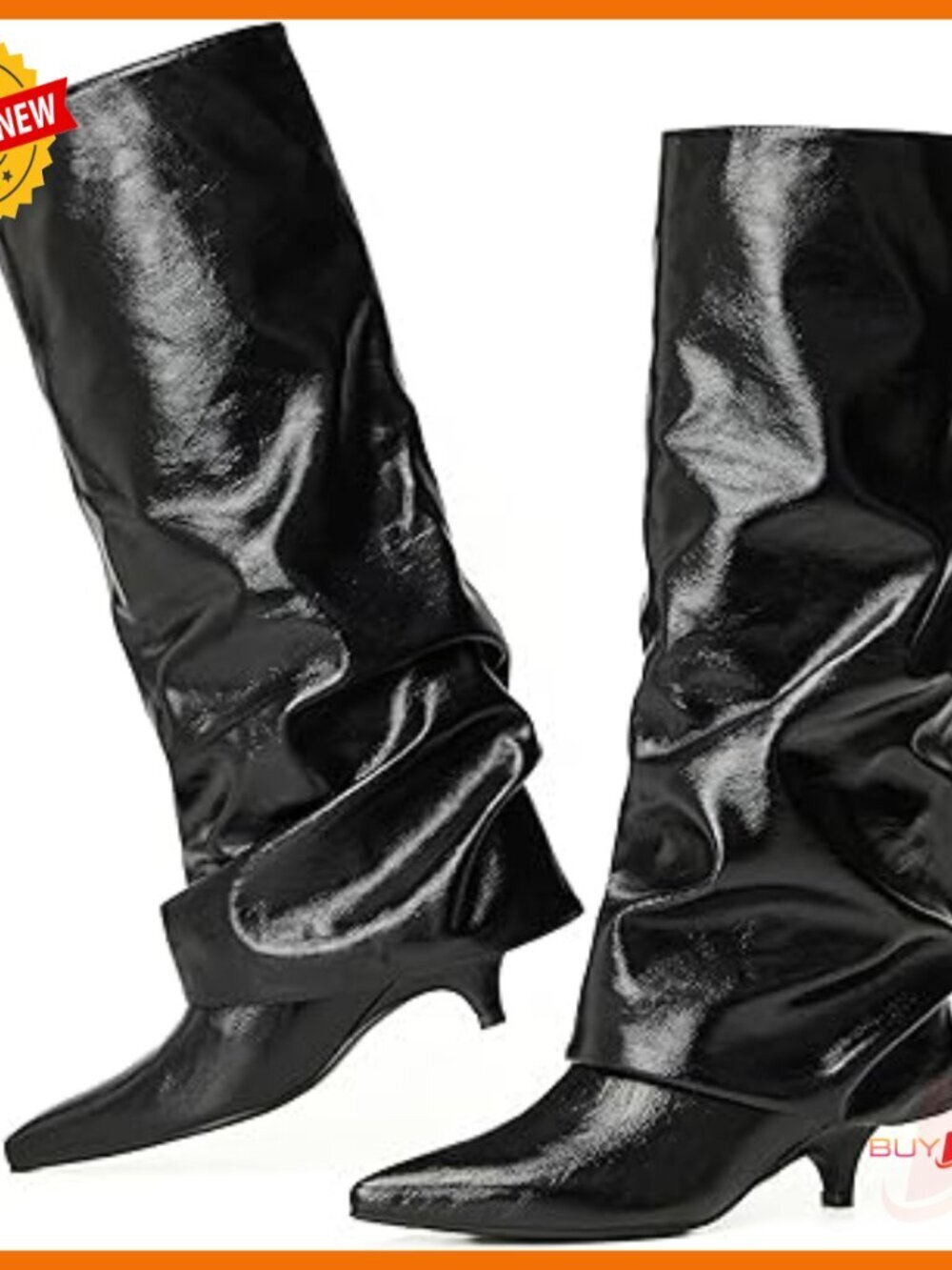 Knee High Boots Pointed Toe Kitten Heel Fold Over Slouchy Style